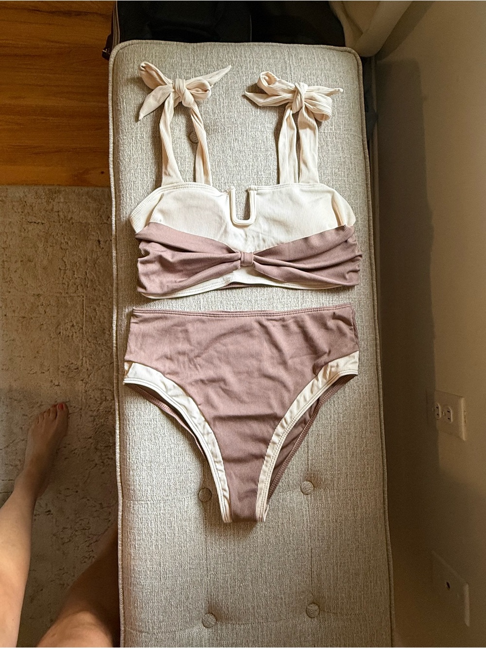 Two-Tone Tie-Shoulder Bikini Set - Cream & Dusty Rose